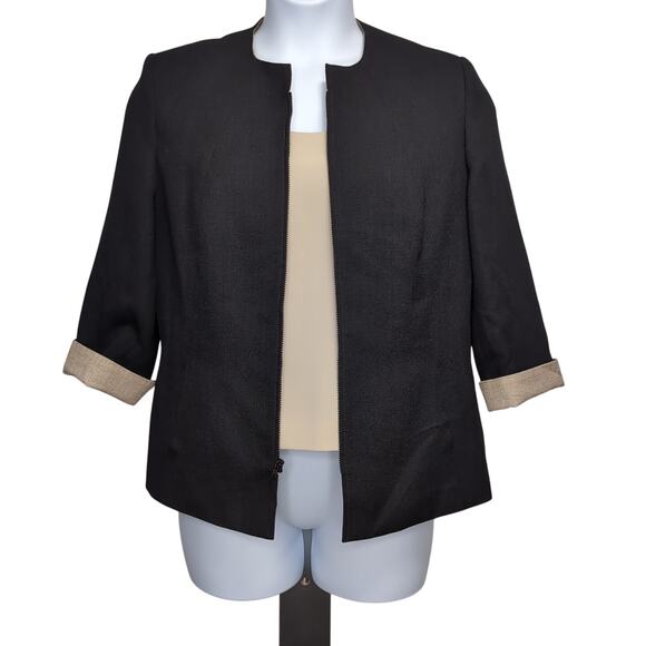 VTG Kasper Suit Jacket / Top Blouse Set Women's 14P 14 Petite Black Tan Career - Picture 2 of 16